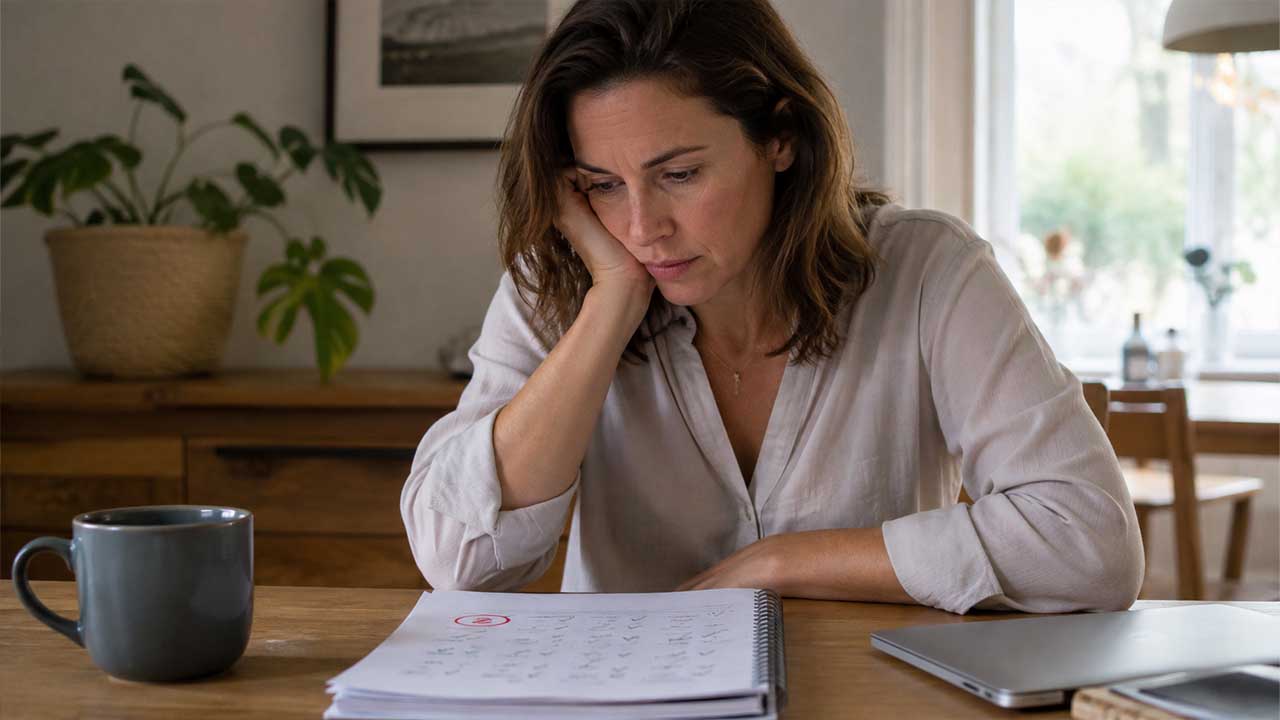 Persona revisando un trabajo y quedándose fijada en una corrección